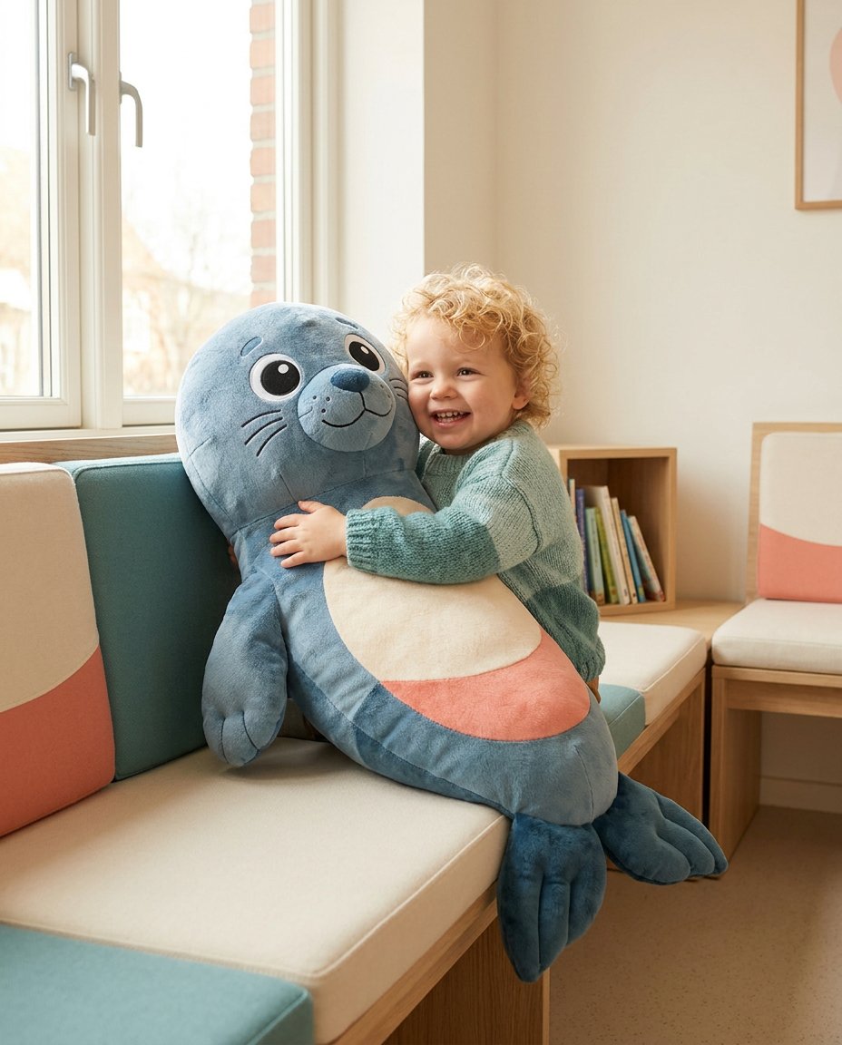 Bo als Kuscheltier mit einem Kind